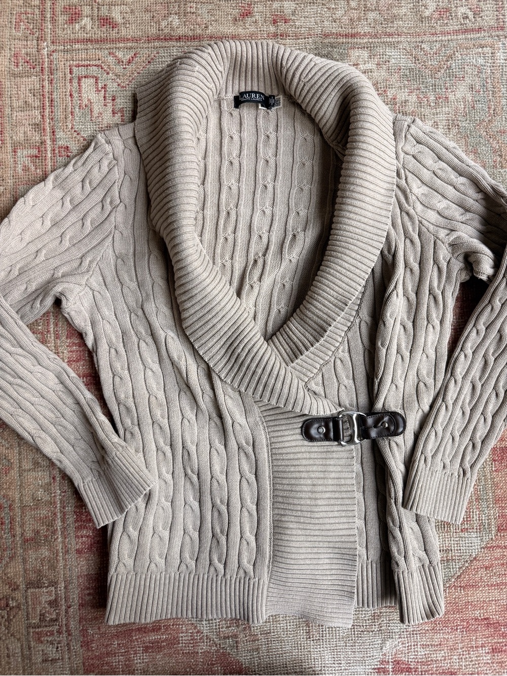 Fall Classic Ralph Lauren Taupe Cable-Knit Shawl Collar Cardigan with Buckle